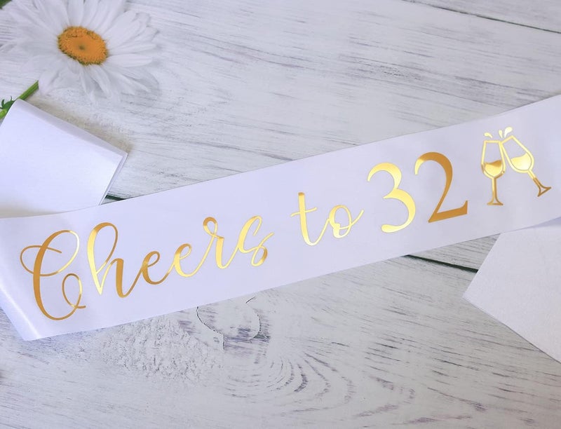 Docooniver It's my 32nd Birthday Sash for Women and Men,Cheers to 32,Happy 32nd Birthday Sash White with Gold Foil Lettering. - Image 2